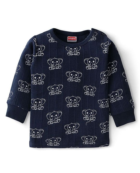 Babyhug Full Sleeves Elephant Print Thermal Vest  with Sando & Pajama - Navy Blue