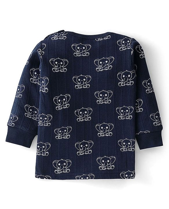 Babyhug Full Sleeves Elephant Print Thermal Vest  with Sando & Pajama - Navy Blue