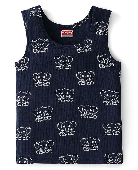 Babyhug Full Sleeves Elephant Print Thermal Vest  with Sando & Pajama - Navy Blue