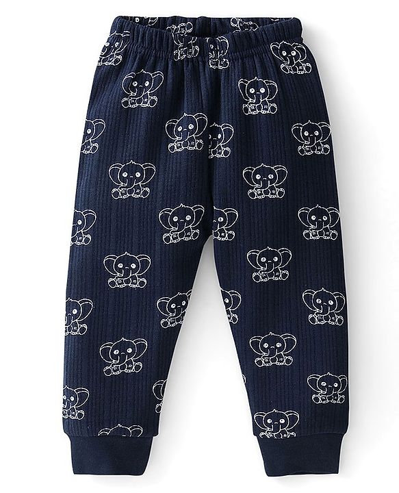 Babyhug Full Sleeves Elephant Print Thermal Vest  with Sando & Pajama - Navy Blue