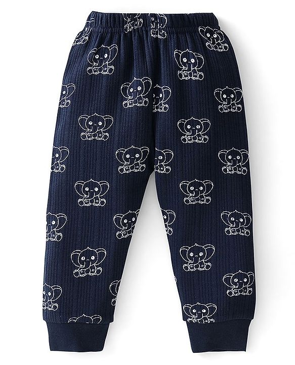 Babyhug Full Sleeves Elephant Print Thermal Vest  with Sando & Pajama - Navy Blue