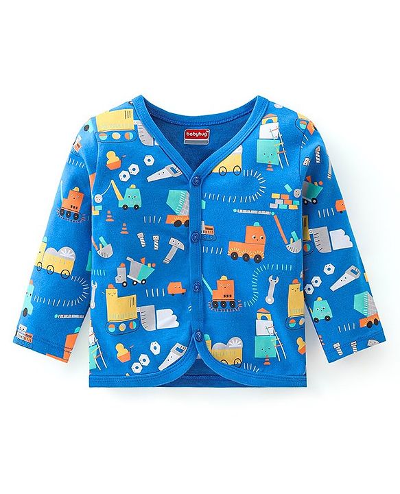 Babyhug 100% Cotton Full Sleeves Vests Stripes and Construction Print Pack of 3 - Blue Green and Yellow