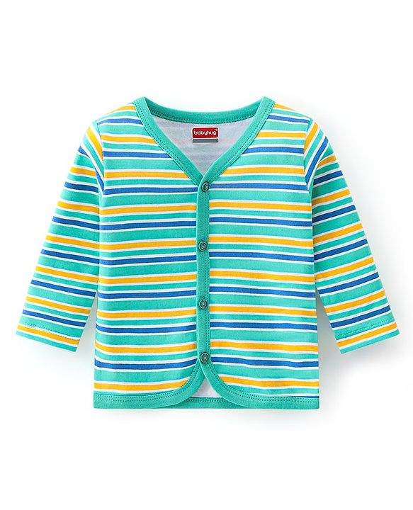 Babyhug 100% Cotton Full Sleeves Vests Stripes and Construction Print Pack of 3 - Blue Green and Yellow