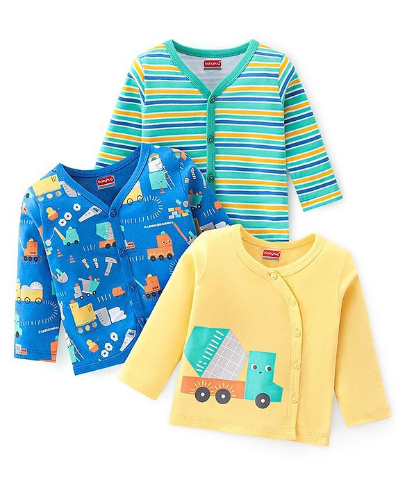 Babyhug 100% Cotton Full Sleeves Vests Stripes and Construction Print Pack of 3 - Blue Green and Yellow