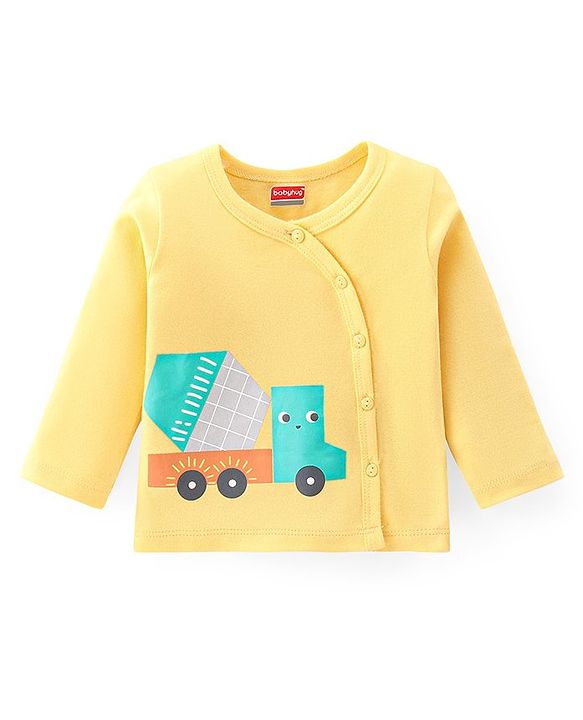 Babyhug 100% Cotton Full Sleeves Vests Stripes and Construction Print Pack of 3 - Blue Green and Yellow