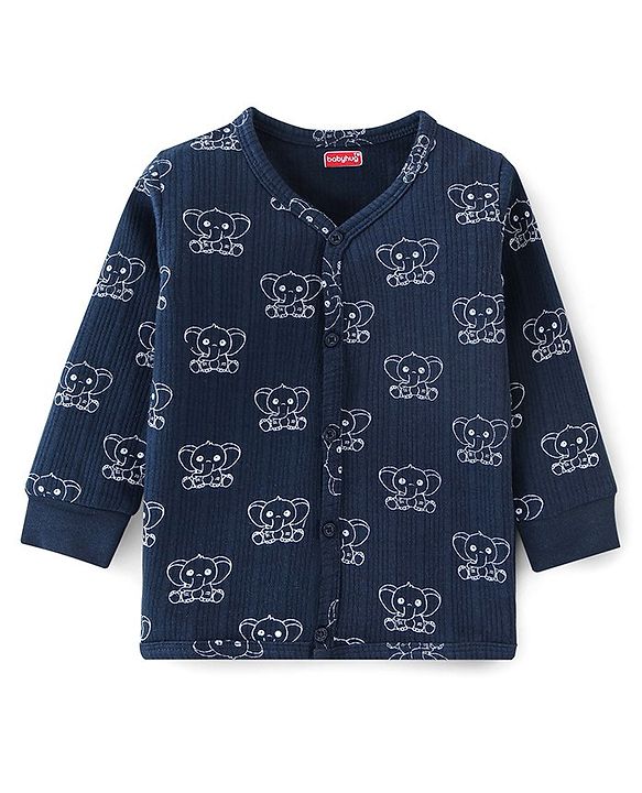Babyhug Full Sleeves Thermal Inner Wear Set Elephant Print - Navy Blue