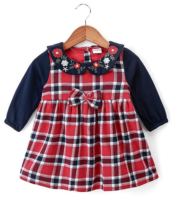 Babyhug Full Sleeves Cotton Woven Checked Frock with Bow Applique & Floral Embroidery - Red & Navy