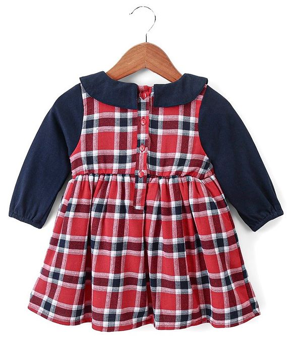 Babyhug Full Sleeves Cotton Woven Checked Frock with Bow Applique & Floral Embroidery - Red & Navy