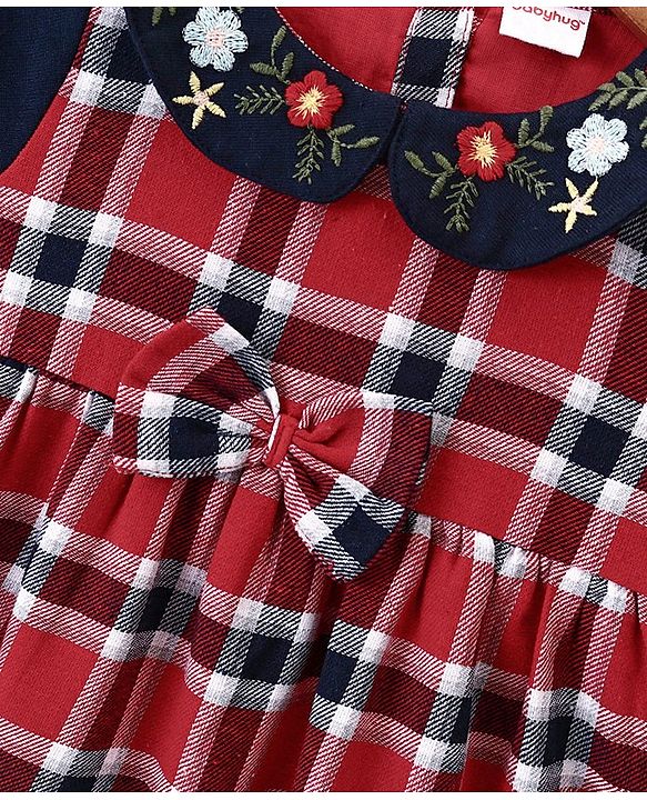 Babyhug Full Sleeves Cotton Woven Checked Frock with Bow Applique & Floral Embroidery - Red & Navy