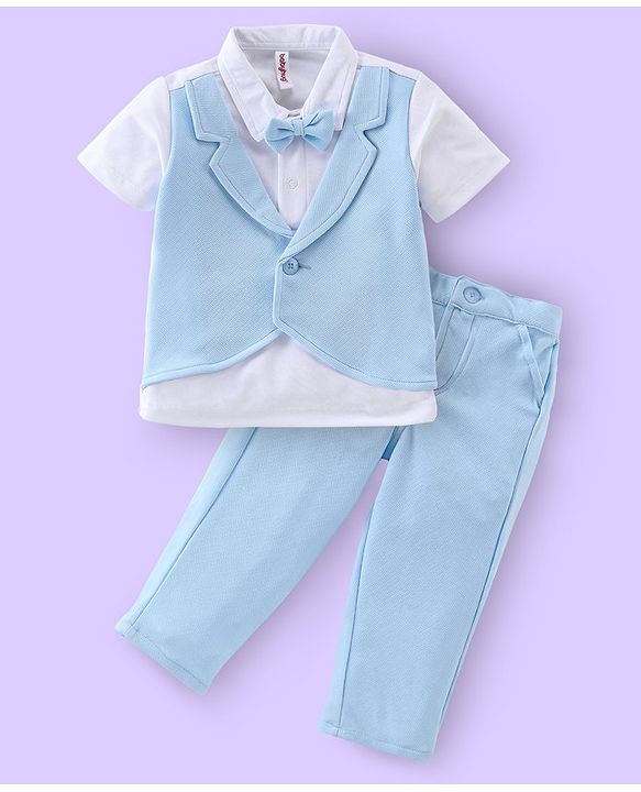 Babyhug Party Wear Half Sleeves T-Shirt & Trouser with  Bow Applique - Light Blue
