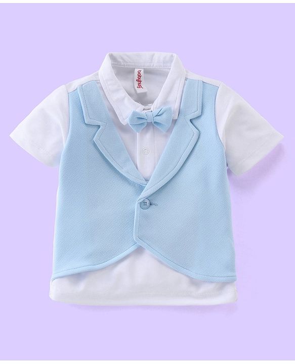 Babyhug Party Wear Half Sleeves T-Shirt & Trouser with  Bow Applique - Light Blue