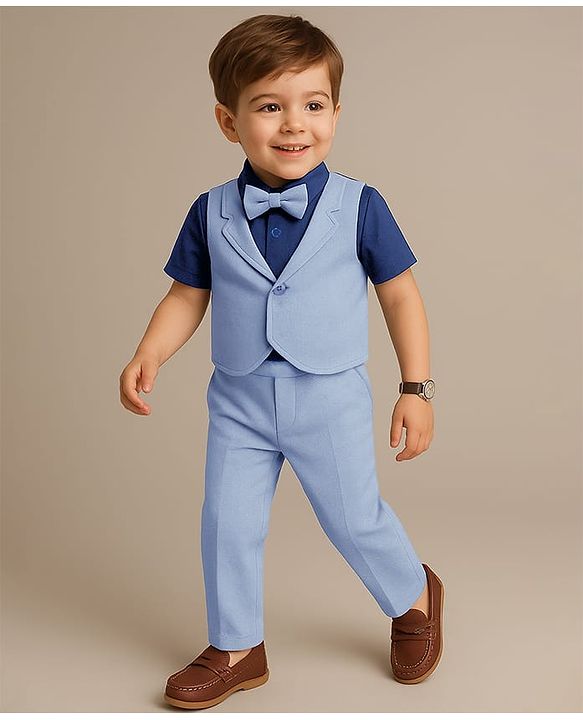 Babyhug Half Sleeves T-Shirt & Pant Set with Bow Applique & Waistcoat Detailing Solid Colour - Purple & Blue