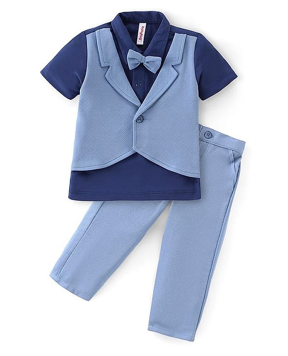 Babyhug Half Sleeves T-Shirt & Pant Set with Bow Applique & Waistcoat Detailing Solid Colour - Purple & Blue