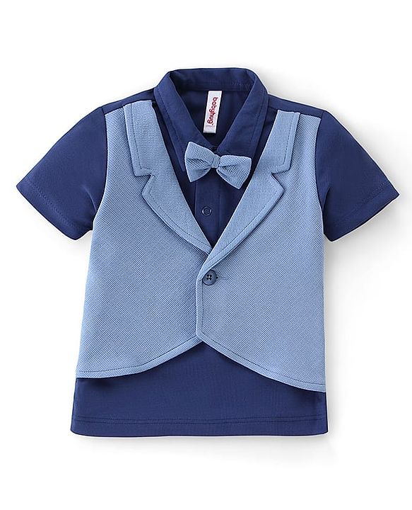 Babyhug Half Sleeves T-Shirt & Pant Set with Bow Applique & Waistcoat Detailing Solid Colour - Purple & Blue