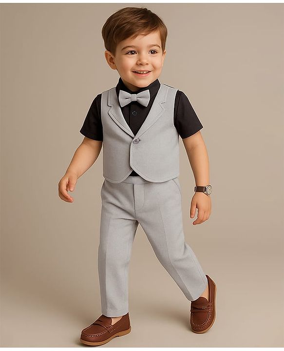 Babyhug Half Sleeves T-Shirt & Pant Set with Bow Applique & Waistcoat Detailing Solid Colour - Black & Grey