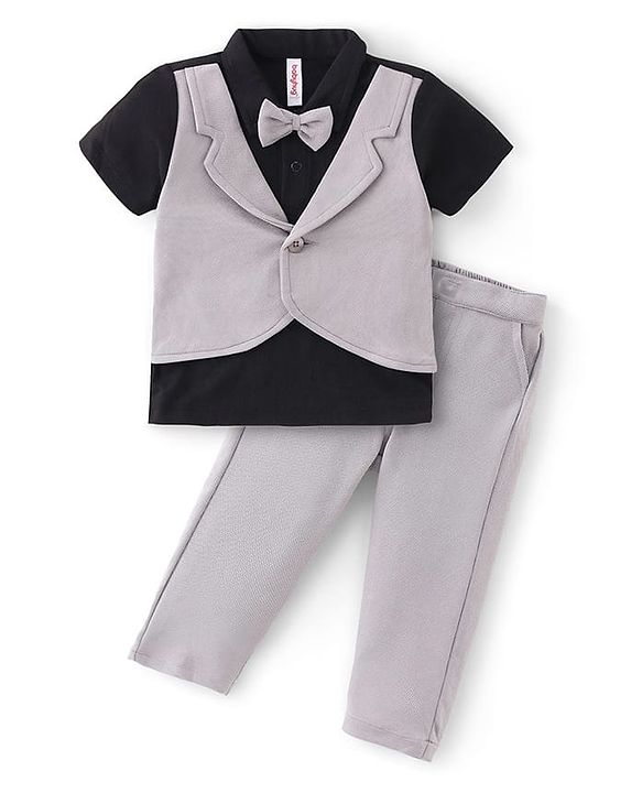 Babyhug Half Sleeves T-Shirt & Pant Set with Bow Applique & Waistcoat Detailing Solid Colour - Black & Grey