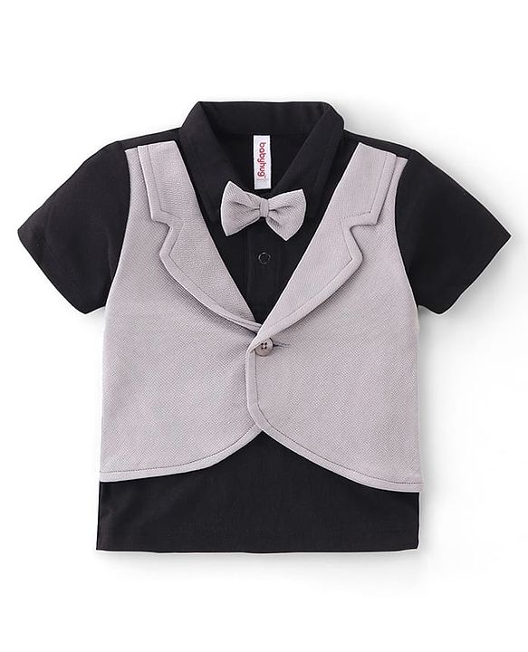 Babyhug Half Sleeves T-Shirt & Pant Set with Bow Applique & Waistcoat Detailing Solid Colour - Black & Grey