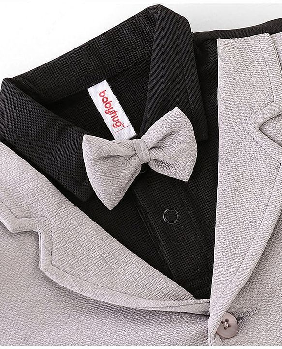 Babyhug Half Sleeves T-Shirt & Pant Set with Bow Applique & Waistcoat Detailing Solid Colour - Black & Grey