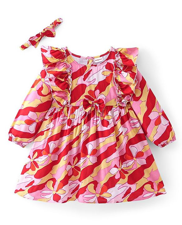 Babyhug Rayon Woven Full Sleeves Floral Printed Frock with Frill Detailing & Head Band - Red
