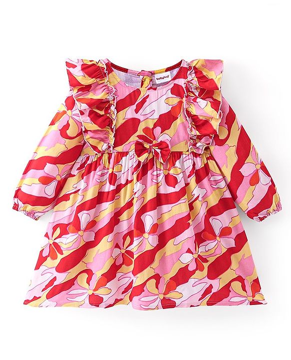 Babyhug Rayon Woven Full Sleeves Floral Printed Frock with Frill Detailing & Head Band - Red