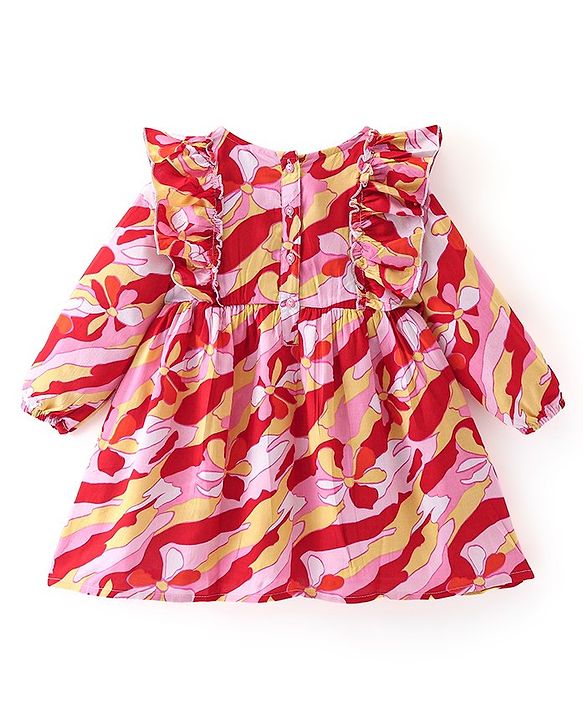 Babyhug Rayon Woven Full Sleeves Floral Printed Frock with Frill Detailing & Head Band - Red