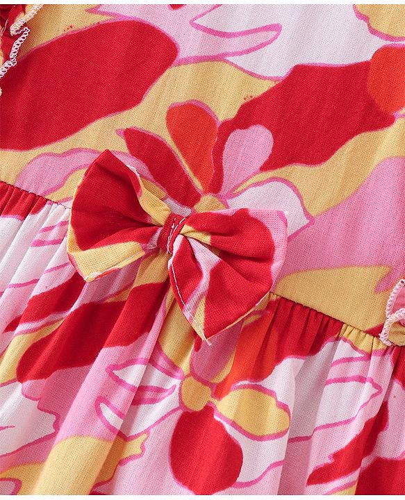 Babyhug Rayon Woven Full Sleeves Floral Printed Frock with Frill Detailing & Head Band - Red