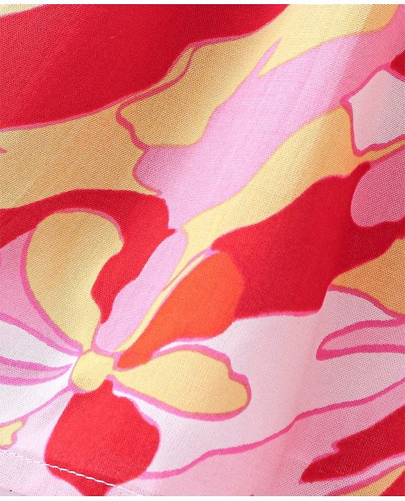 Babyhug Rayon Woven Full Sleeves Floral Printed Frock with Frill Detailing & Head Band - Red