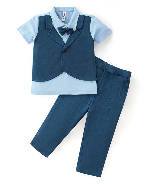 Babyhug Woven with Stretch Half Sleeves Three Pieces Party Suit with Bow -Navy Blue