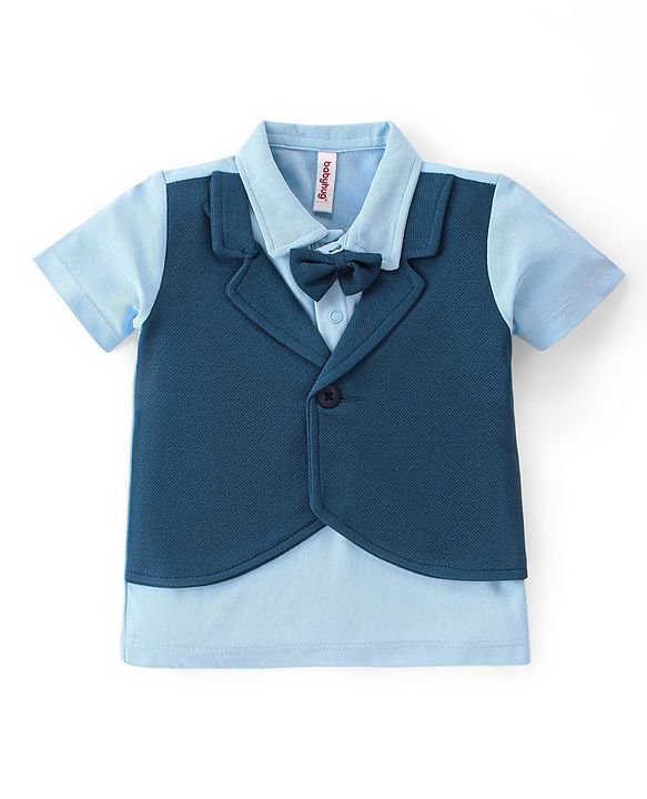 Babyhug Woven with Stretch Half Sleeves Three Pieces Party Suit with Bow -Navy Blue