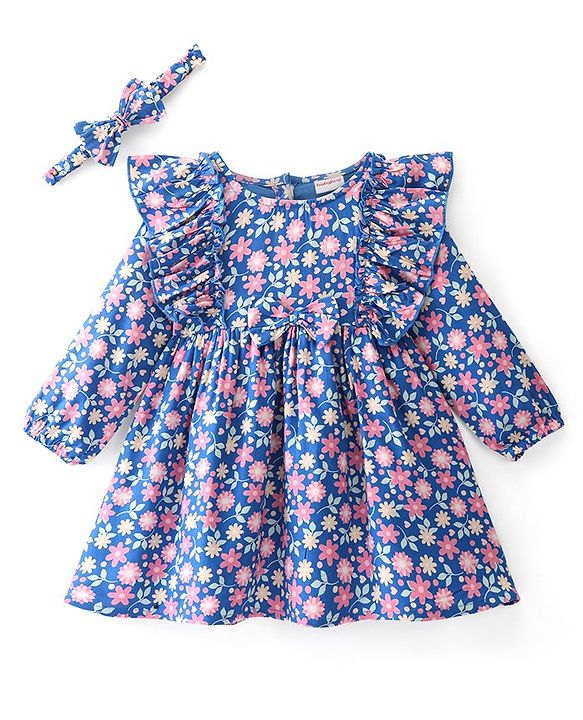 Babyhug Rayon Full Sleeves  Floral Printed Dress with Frill Detailing & Headband - Navy Blue