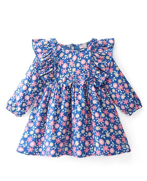 Babyhug Rayon Full Sleeves  Floral Printed Dress with Frill Detailing & Headband - Navy Blue
