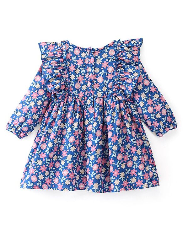 Babyhug Rayon Full Sleeves  Floral Printed Dress with Frill Detailing & Headband - Navy Blue