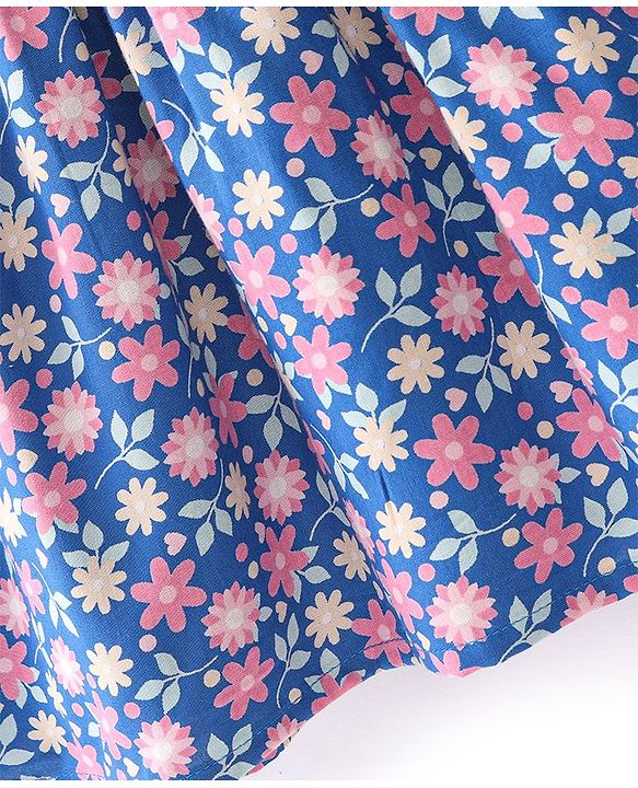 Babyhug Rayon Full Sleeves  Floral Printed Dress with Frill Detailing & Headband - Navy Blue