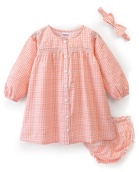 Babyhug Cotton Rayon Woven Full Sleeves Checked Frock with Bloomer and Headband - Peach