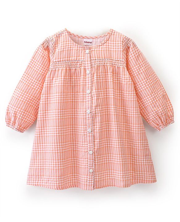 Babyhug Cotton Rayon Woven Full Sleeves Checked Frock with Bloomer and Headband - Peach