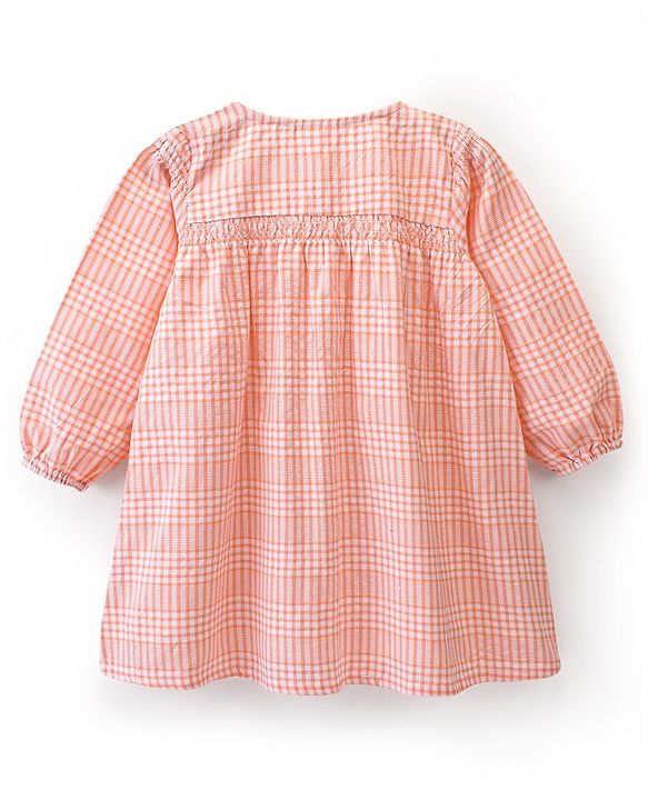 Babyhug Cotton Rayon Woven Full Sleeves Checked Frock with Bloomer and Headband - Peach