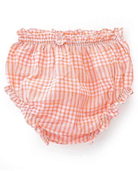 Babyhug Cotton Rayon Woven Full Sleeves Checked Frock with Bloomer and Headband - Peach