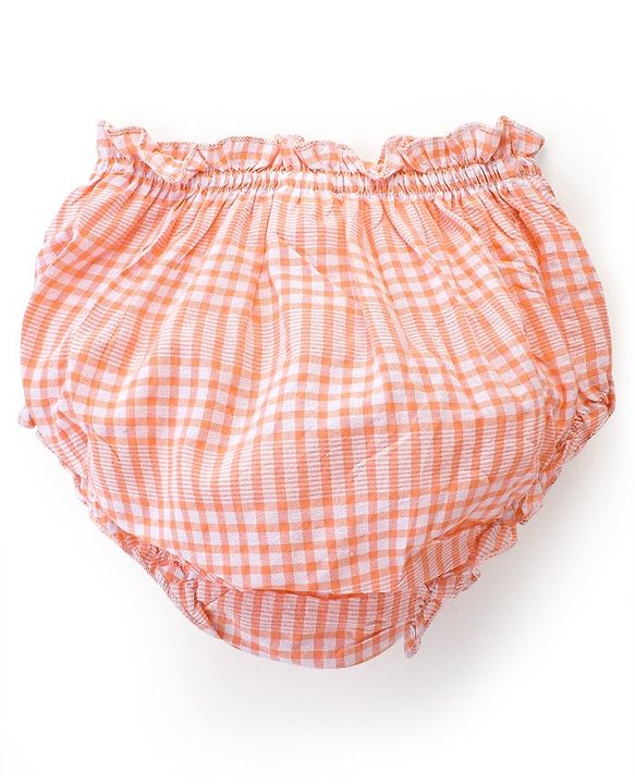 Babyhug Cotton Rayon Woven Full Sleeves Checked Frock with Bloomer and Headband - Peach