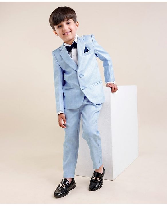 Babyhug Woven Full Sleeves Textured Party Suit with Bow Tie - White & Blue
