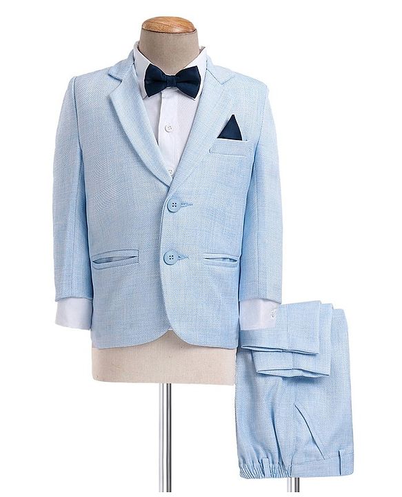 Babyhug Woven Full Sleeves Textured Party Suit with Bow Tie - White & Blue