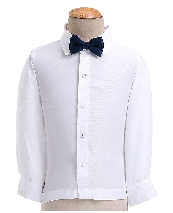 Babyhug Woven Full Sleeves Textured Party Suit with Bow Tie - White & Blue