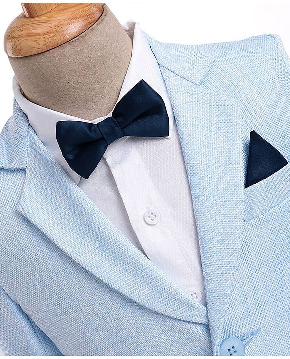 Babyhug Woven Full Sleeves Textured Party Suit with Bow Tie - White & Blue
