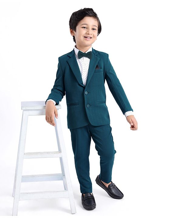 Babyhug Full Sleeves Three Piece Party Suit with Bow & Stretch - White & Teal Blue