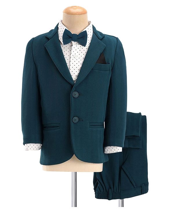 Babyhug Full Sleeves Three Piece Party Suit with Bow & Stretch - White & Teal Blue