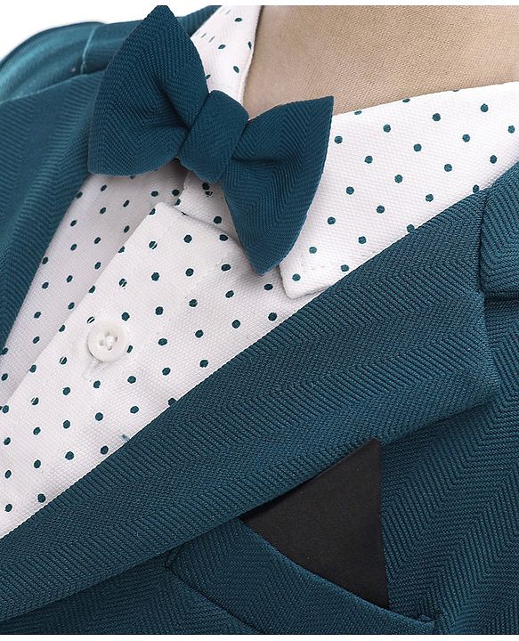 Babyhug Full Sleeves Three Piece Party Suit with Bow & Stretch - White & Teal Blue