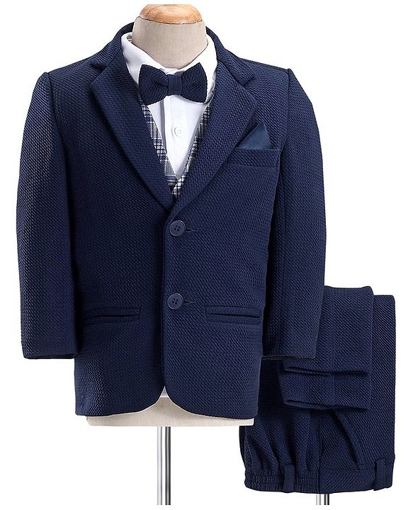Babyhug Woven Full Sleeves 4 Piece Stretch Party Suit with Bow - White & Blue