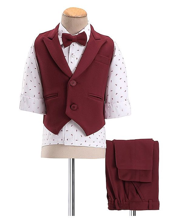 Babyhug Woven Full Sleeves Three Piece Solid Colour Party Suit with Bow - Dart Red