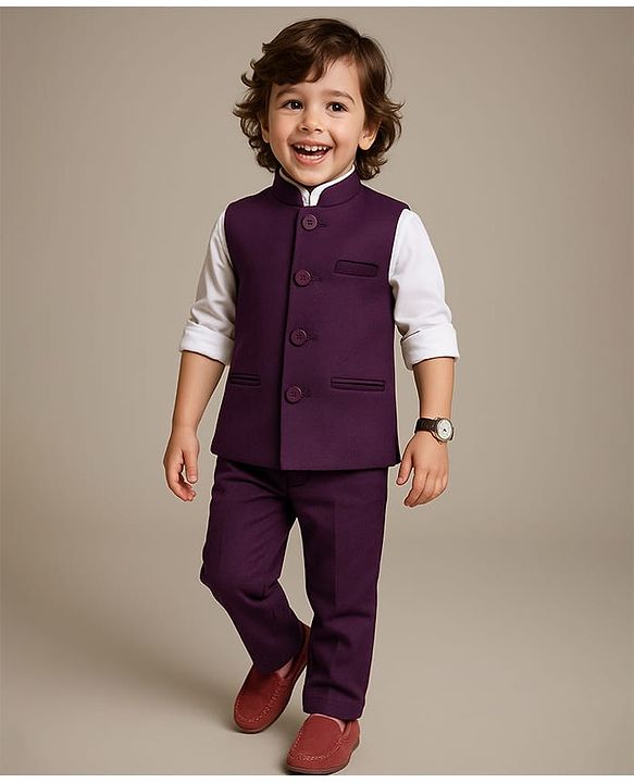 Babyhug Woven Full Sleeves Stretch Fit Party Suit With Waist Coat - White & Wine
