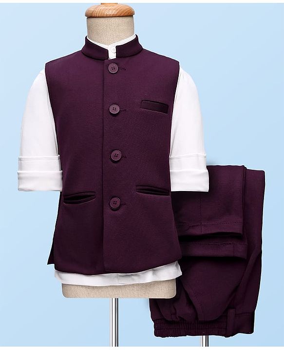 Babyhug Woven Full Sleeves Stretch Fit Party Suit With Waist Coat - White & Wine