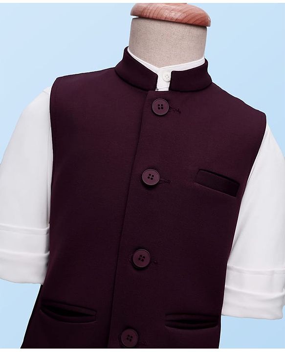 Babyhug Woven Full Sleeves Stretch Fit Party Suit With Waist Coat - White & Wine